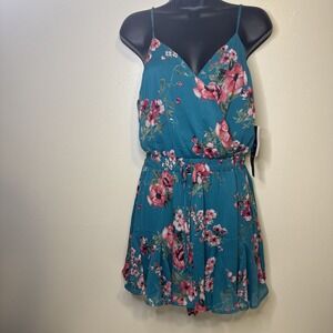 TRIXXI Womens Pink/Teal Floral  Spaghetti Strap Surplice Neck Romper‎ LARGE